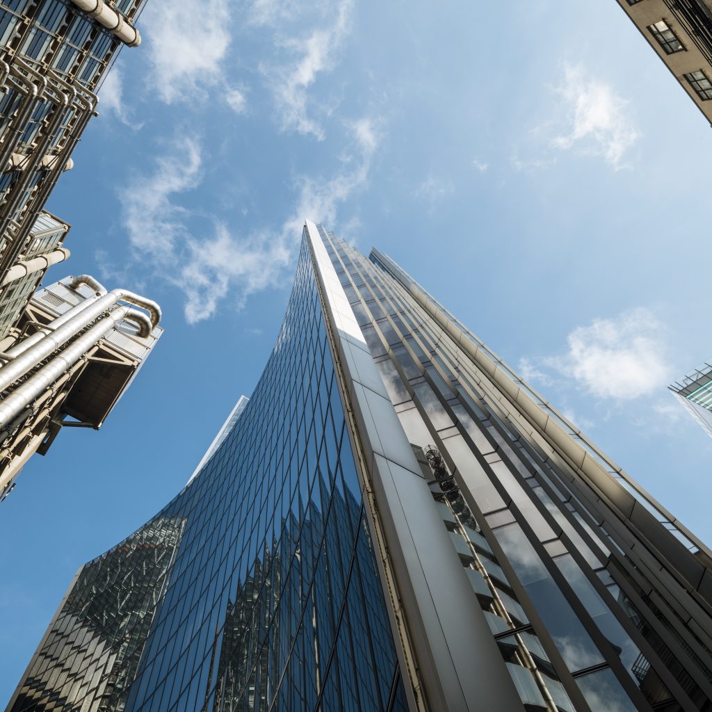 UK, London, Financial district skyscrapers seen from below